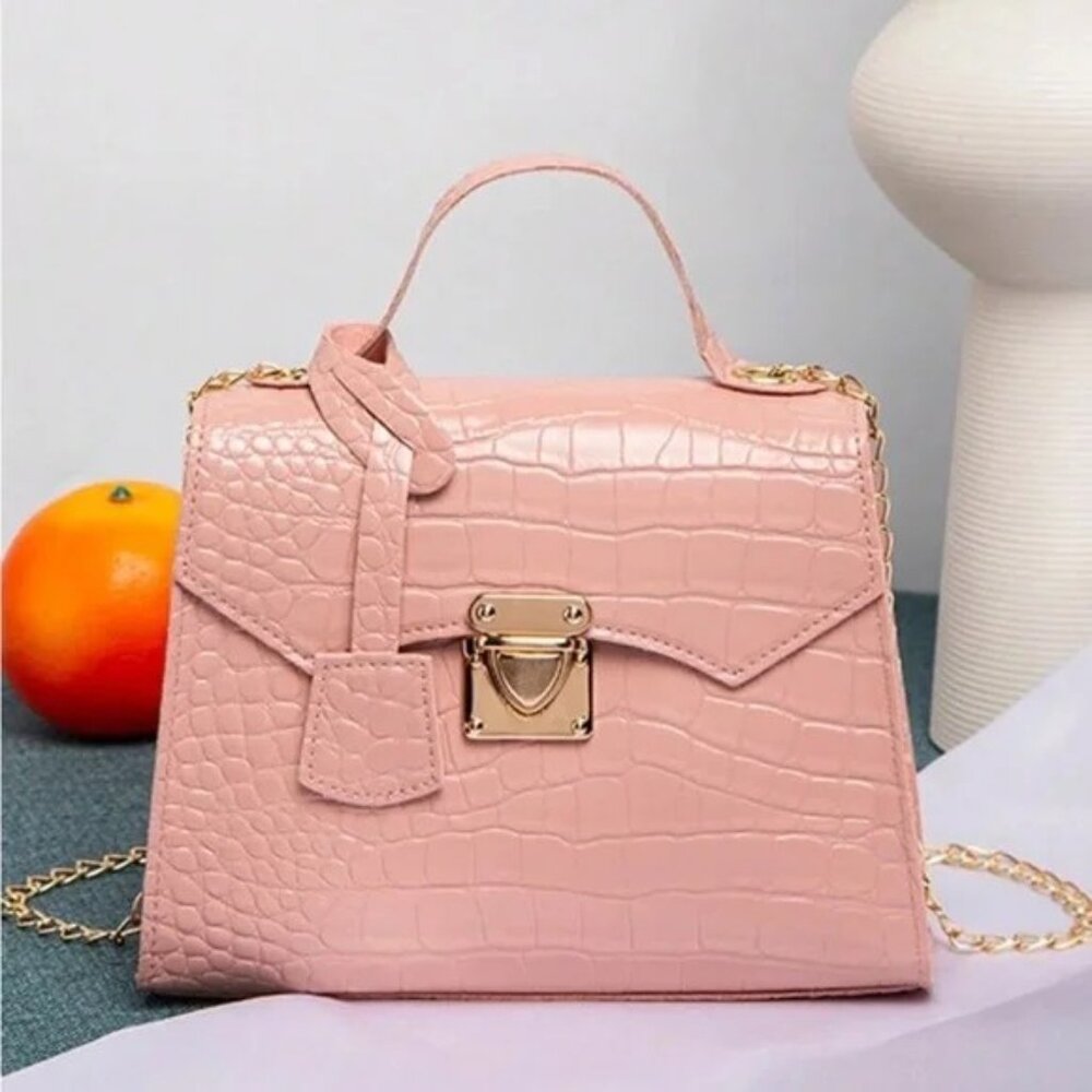 Elegant Pink Crocodile-Embossed Handbag Petite